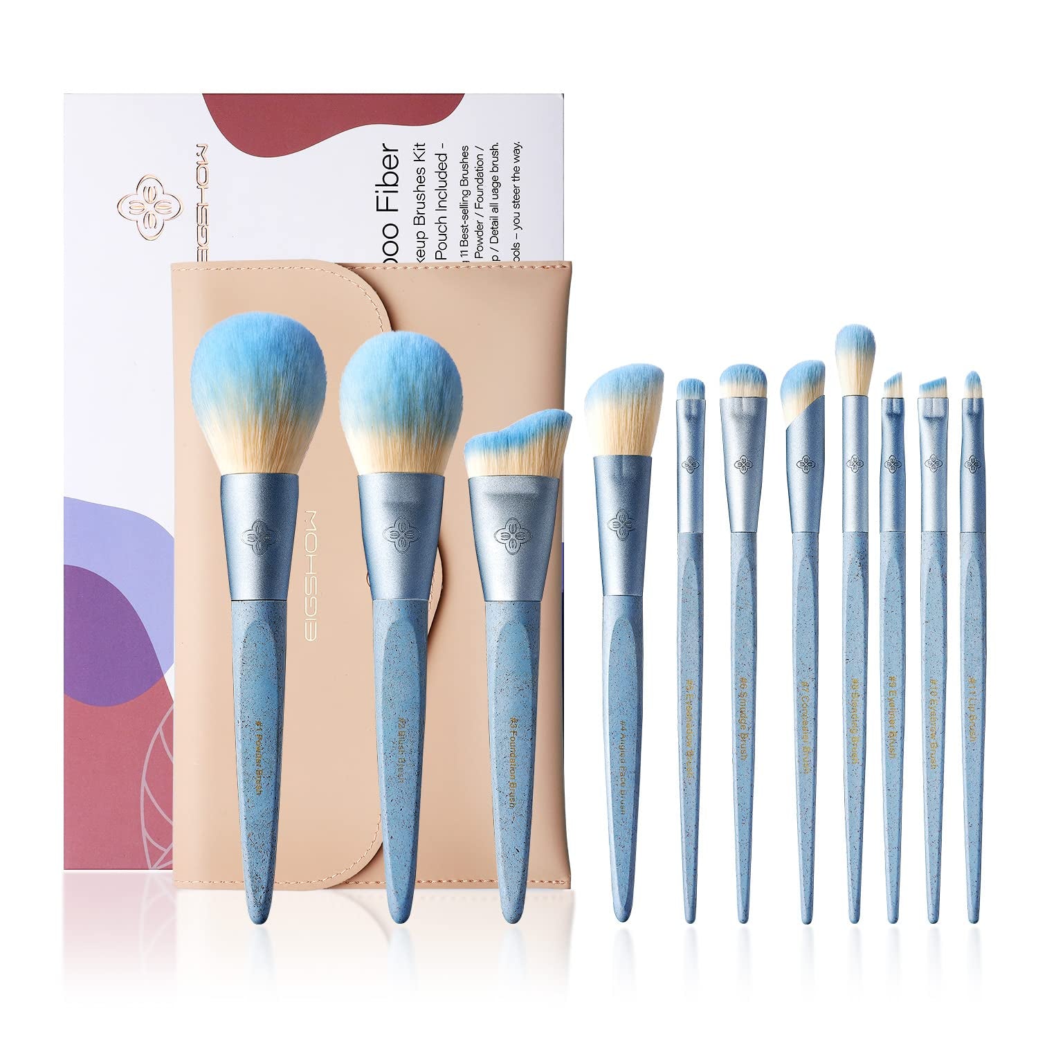 Makeup Brushes Set, 11 Pcs Premium Vegan Makeup Brushes, Synthetic Foundation Powder Contour Blush Concealer Full Face Eye Brush, Bamboo Cosmetics Brushes Sets with Bag and Gift Box - Ice Blue