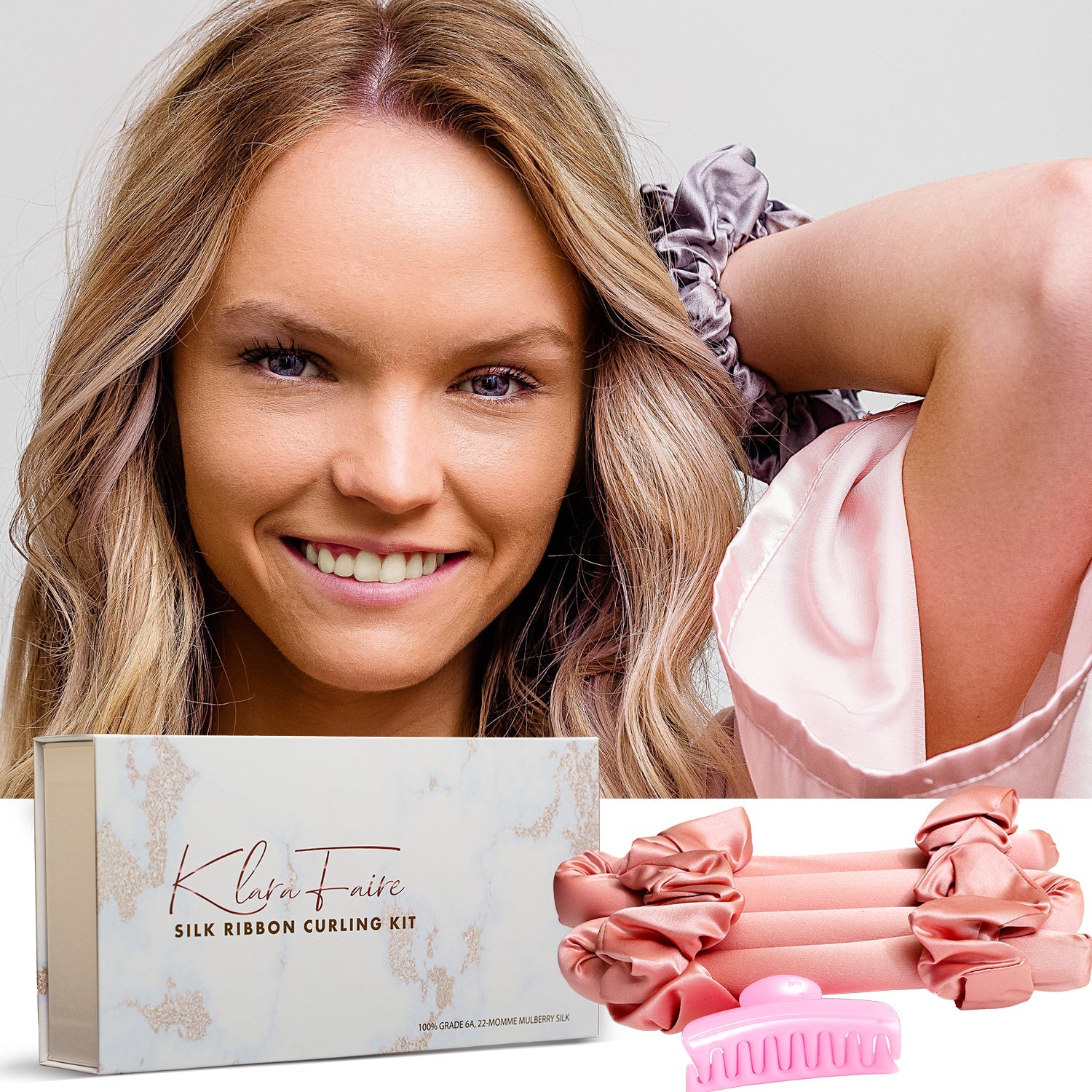 Klara Faire™- 100% Silk Ribbon Curler and Scrunchies Set - Black Silver