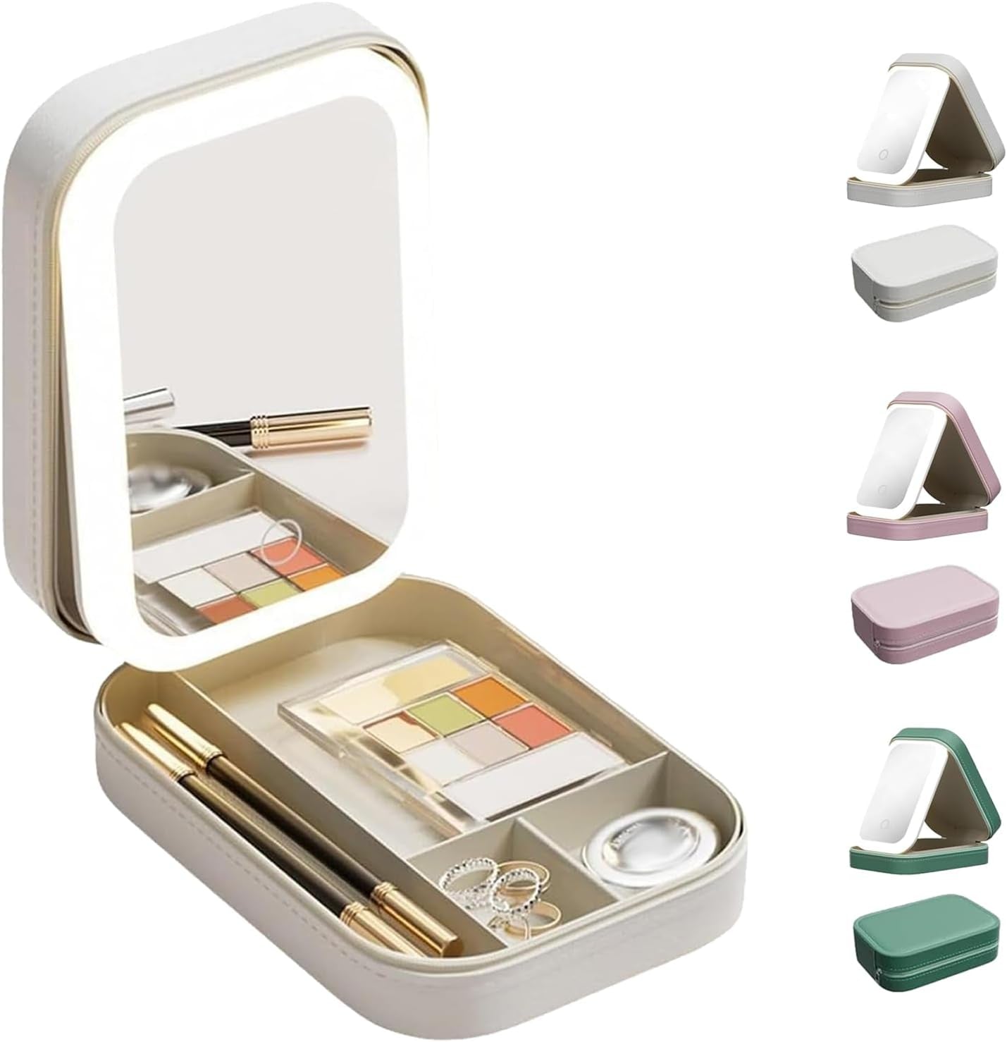 Integrated Makeup Storage Box with Light-Filling Mirror,Led Complementary Light Cosmetic Case,Makeup Storage Box with Led Light Mirror,Portable Cosmetics Case,Touch Control & Zipper Design (White)