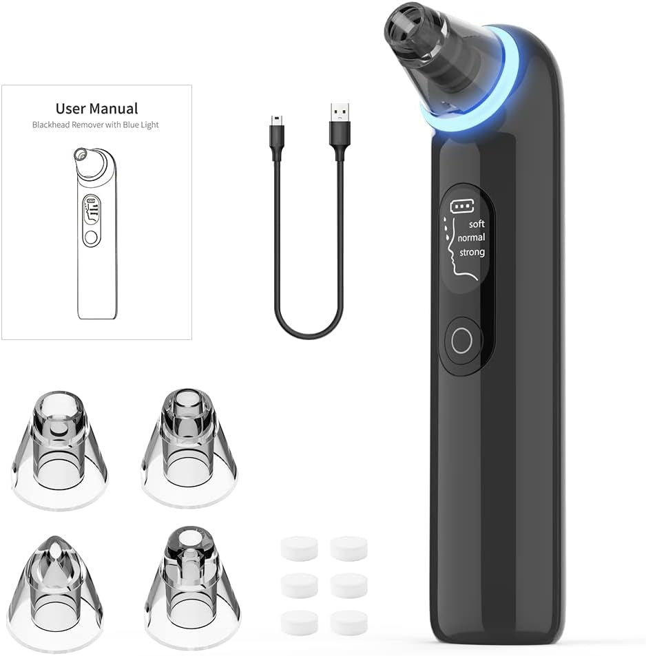 Blackhead Remover Pore Vacuum, Upgraded Pore Cleanser with Blue Light- Rechargeable Acne Extractor LED Display, Whitehead Removal, Facial Firming, Oil Reducing for Women & Men (202B-Black)