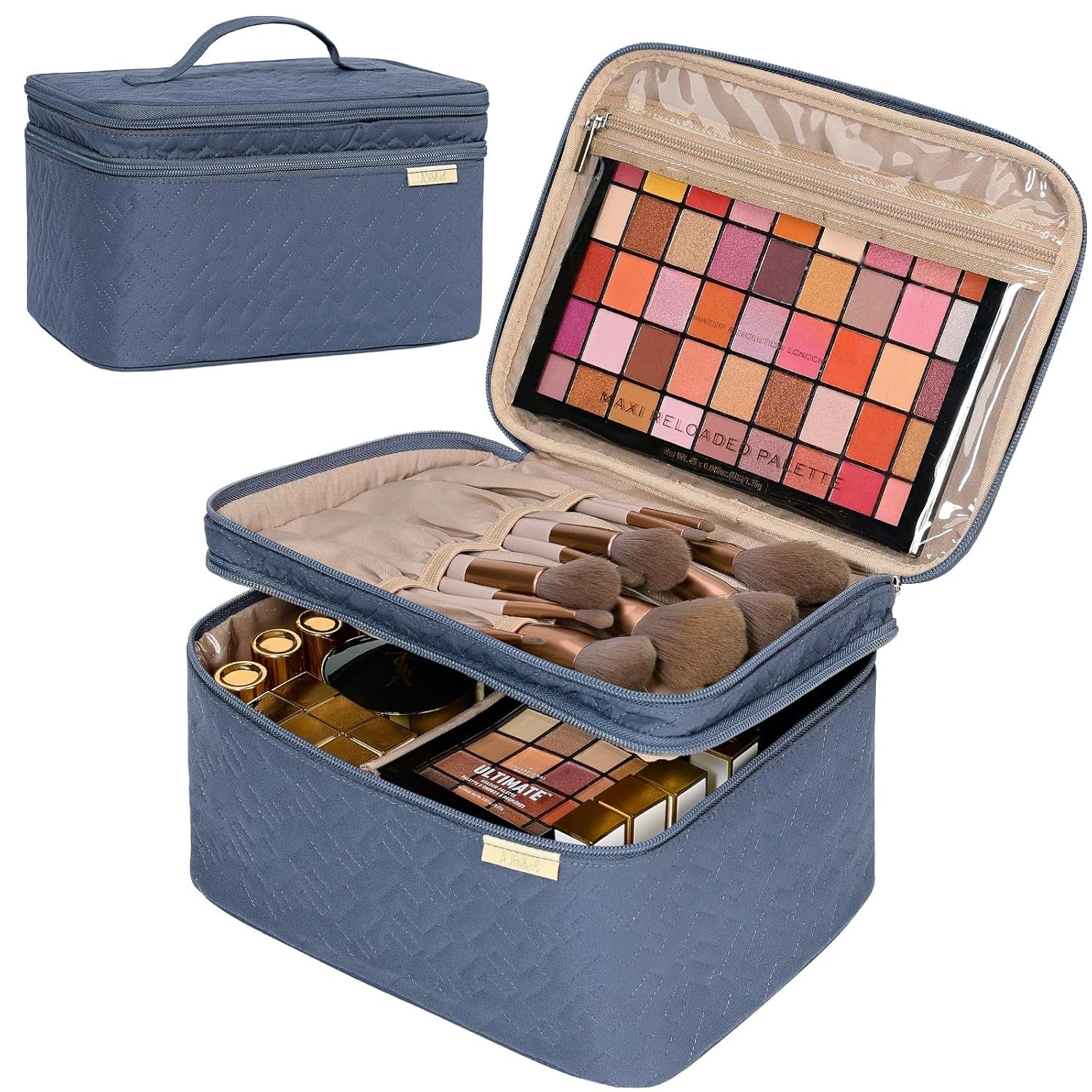Large Double Layer Travel Makeup Bag Women, Cosmetic Case, Organizer for Travel-Size Accessories Bottles, Brushes, Conditioner, and Skin Care Products, Aegean-Blue