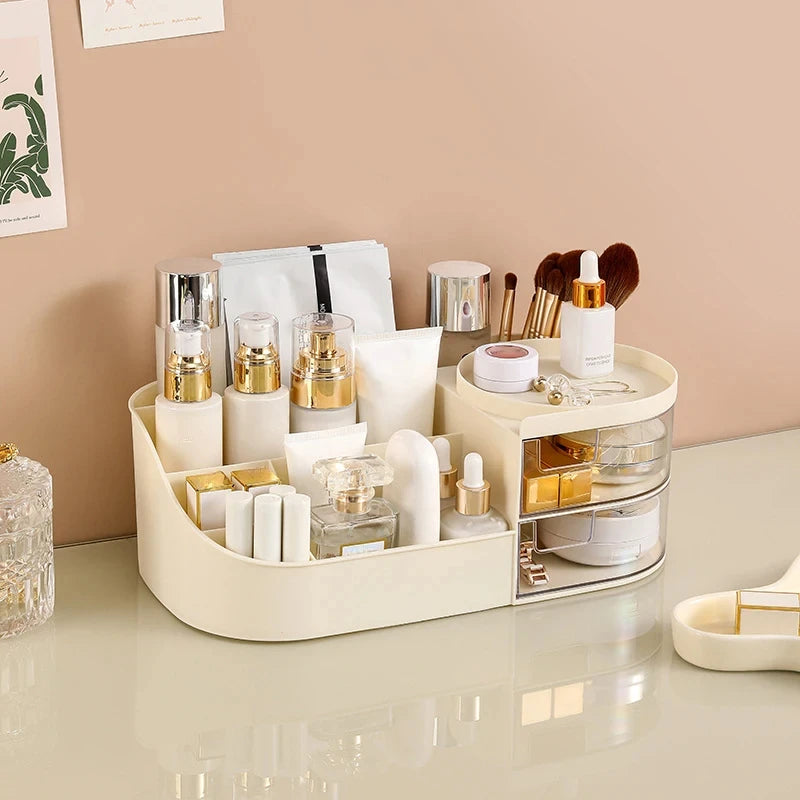 Makeup Storage Box with Mirror Desktop Dressing Table Makeup Mirror Cosmetics Jewelry Storage Box Touch Light Storage Organizer