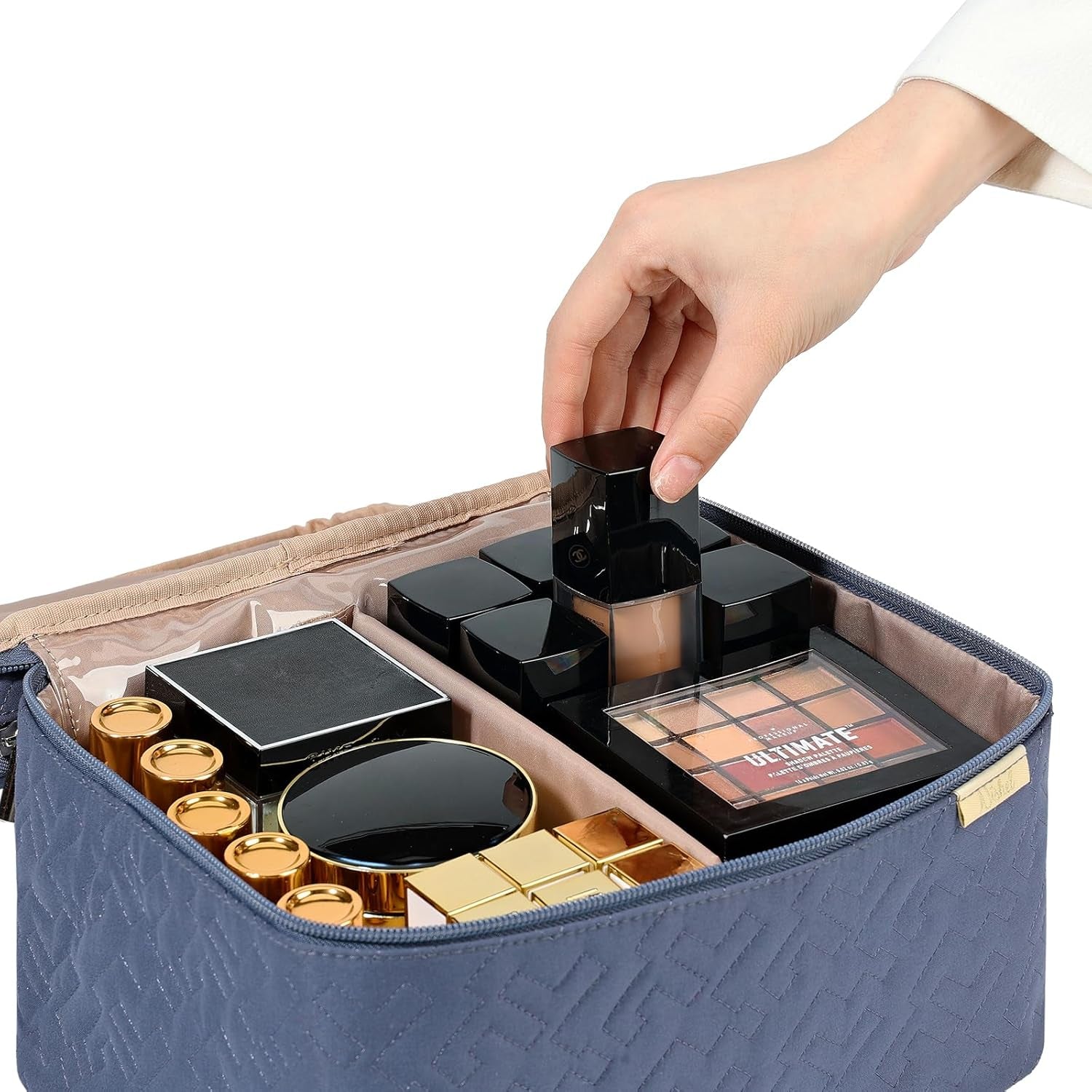 Large Double Layer Travel Makeup Bag Women, Cosmetic Case, Organizer for Travel-Size Accessories Bottles, Brushes, Conditioner, and Skin Care Products, Aegean-Blue