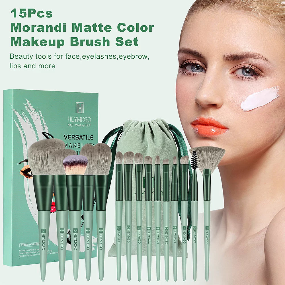 15-Piece Makeup Brush Set - Premium Synthetic Kabuki & Eye Brushes | Foundation, Blush & Lip Makeup Tools | Professional Green Conical Handle Set with Flannel Drawstring Bag