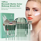15-Piece Makeup Brush Set - Premium Synthetic Kabuki & Eye Brushes | Foundation, Blush & Lip Makeup Tools | Professional Green Conical Handle Set with Flannel Drawstring Bag