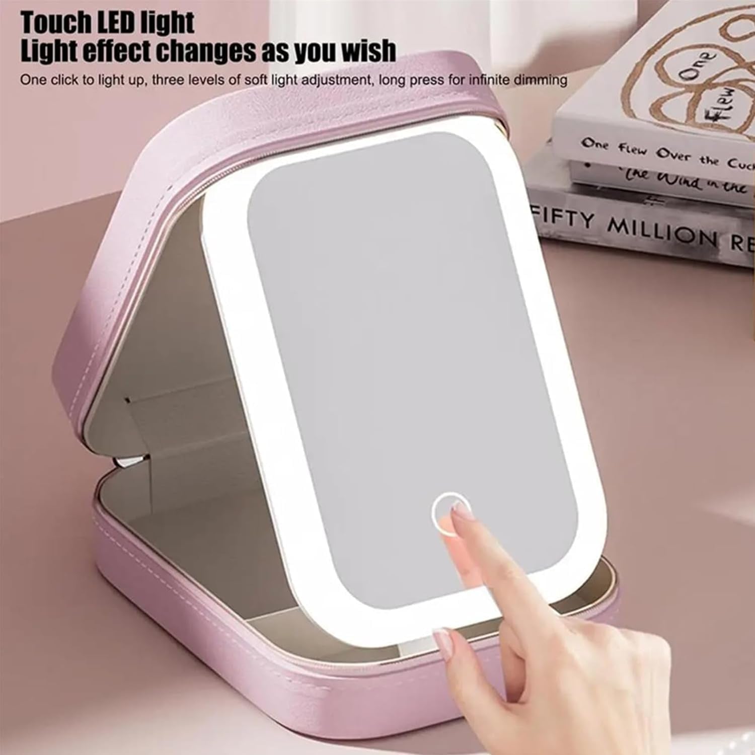Integrated Makeup Storage Box with Light-Filling Mirror,Led Complementary Light Cosmetic Case,Makeup Storage Box with Led Light Mirror,Portable Cosmetics Case,Touch Control & Zipper Design (White)