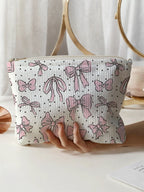 1Pc，Pink Bow Patterned Corduroy Zipper Makeup Bag, Lightweight and Multifunctional Makeup Storage Bag
