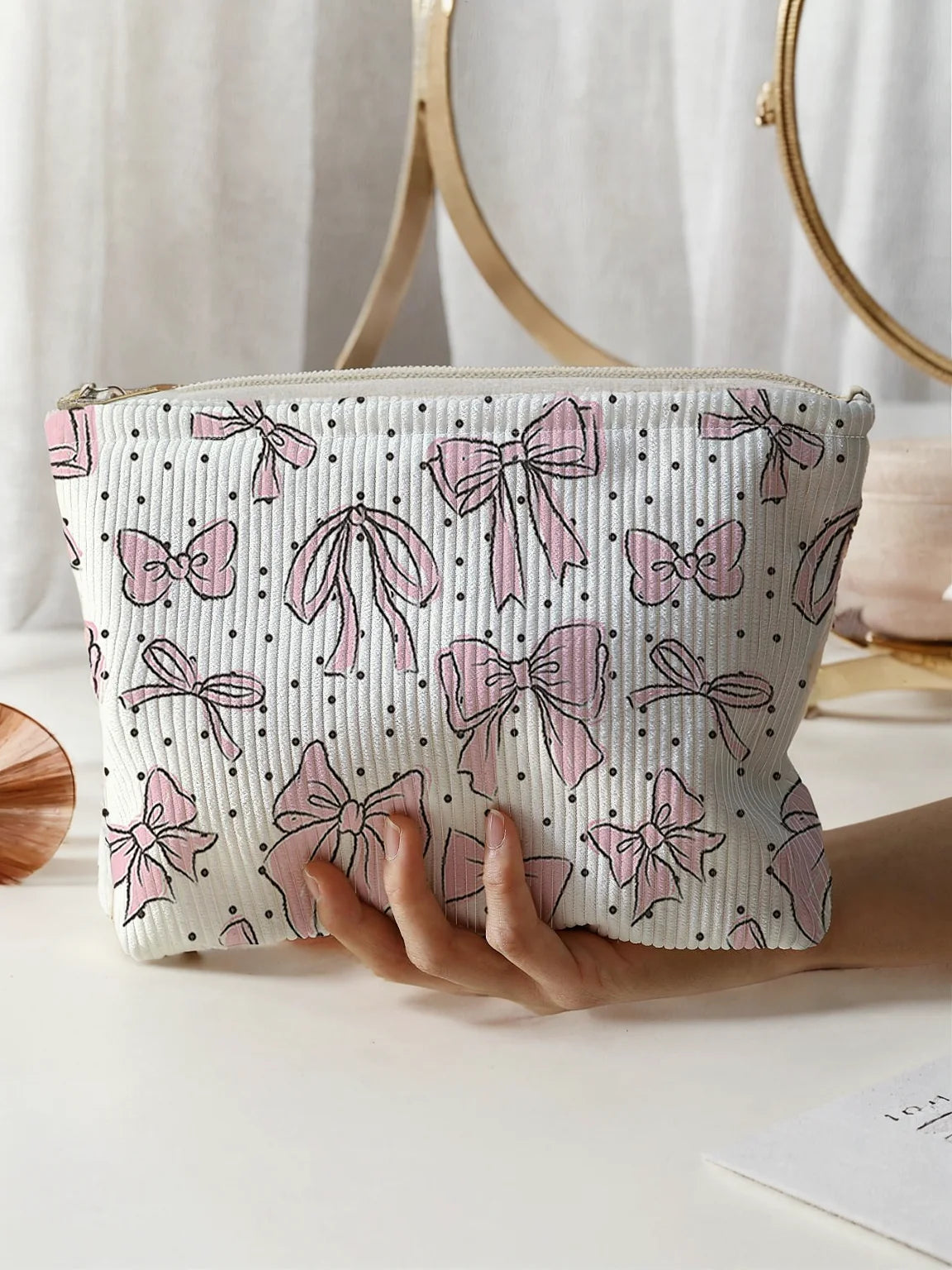 1Pc，Pink Bow Patterned Corduroy Zipper Makeup Bag, Lightweight and Multifunctional Makeup Storage Bag