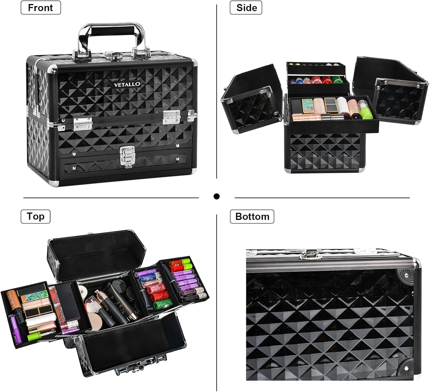 Large Makeup Train Cases with Bottom Drawer, Professional Makeup Case Organizer I Makeup Travel Case I Portable Make up Case I Makeup Case Organizer I Makeup Box Organizer I Black, HX-001