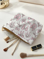 1Pc，Pink Bow Patterned Corduroy Zipper Makeup Bag, Lightweight and Multifunctional Makeup Storage Bag