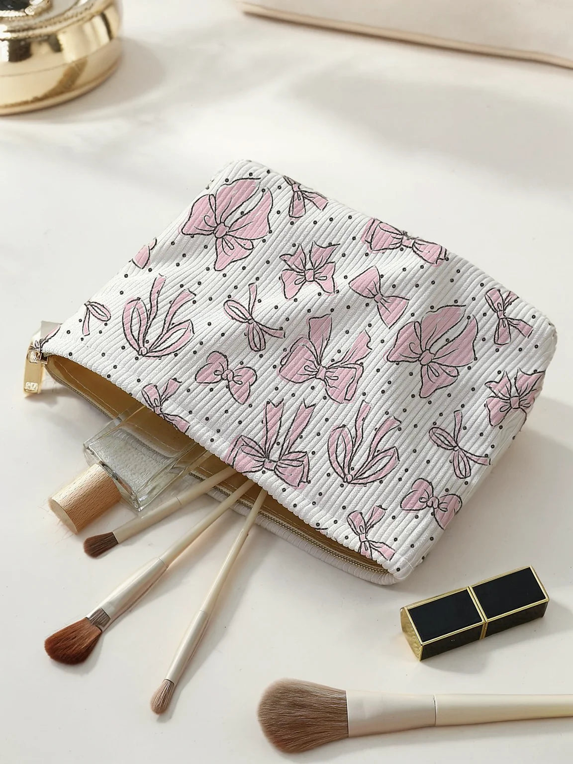 1Pc，Pink Bow Patterned Corduroy Zipper Makeup Bag, Lightweight and Multifunctional Makeup Storage Bag