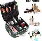 Travel Makeup Bag, Leather Makeup Train Case Cosmetic Organizer for Makeup Brushes Toiletry Digital Accessories, Portable Artist Storage Bag with Shoulder Strap for Women Lady Green