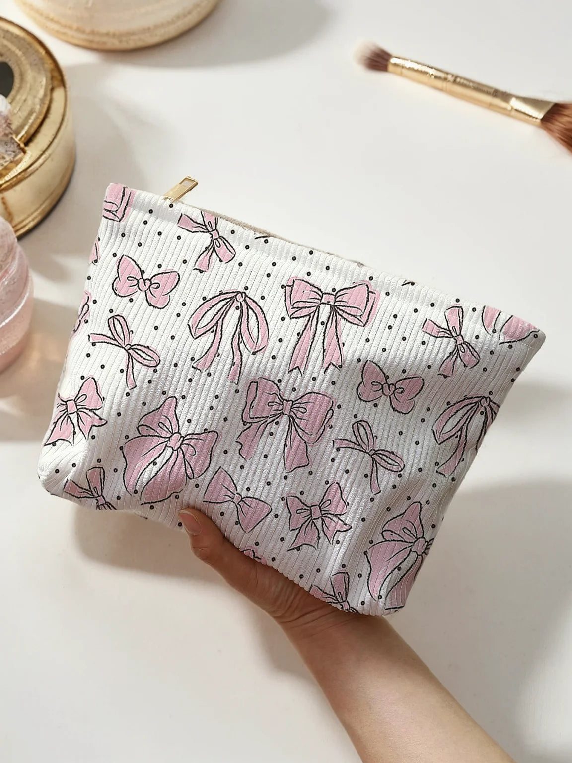 1Pc，Pink Bow Patterned Corduroy Zipper Makeup Bag, Lightweight and Multifunctional Makeup Storage Bag
