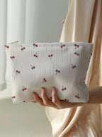 Cherry Printed Corduroy Makeup Bag, Lightweight Zipper Makeup Storage Box, Multifunctional Bag with Lining