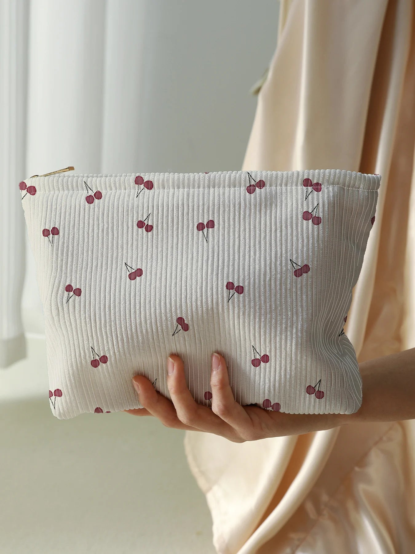 Cherry Printed Corduroy Makeup Bag, Lightweight Zipper Makeup Storage Box, Multifunctional Bag with Lining