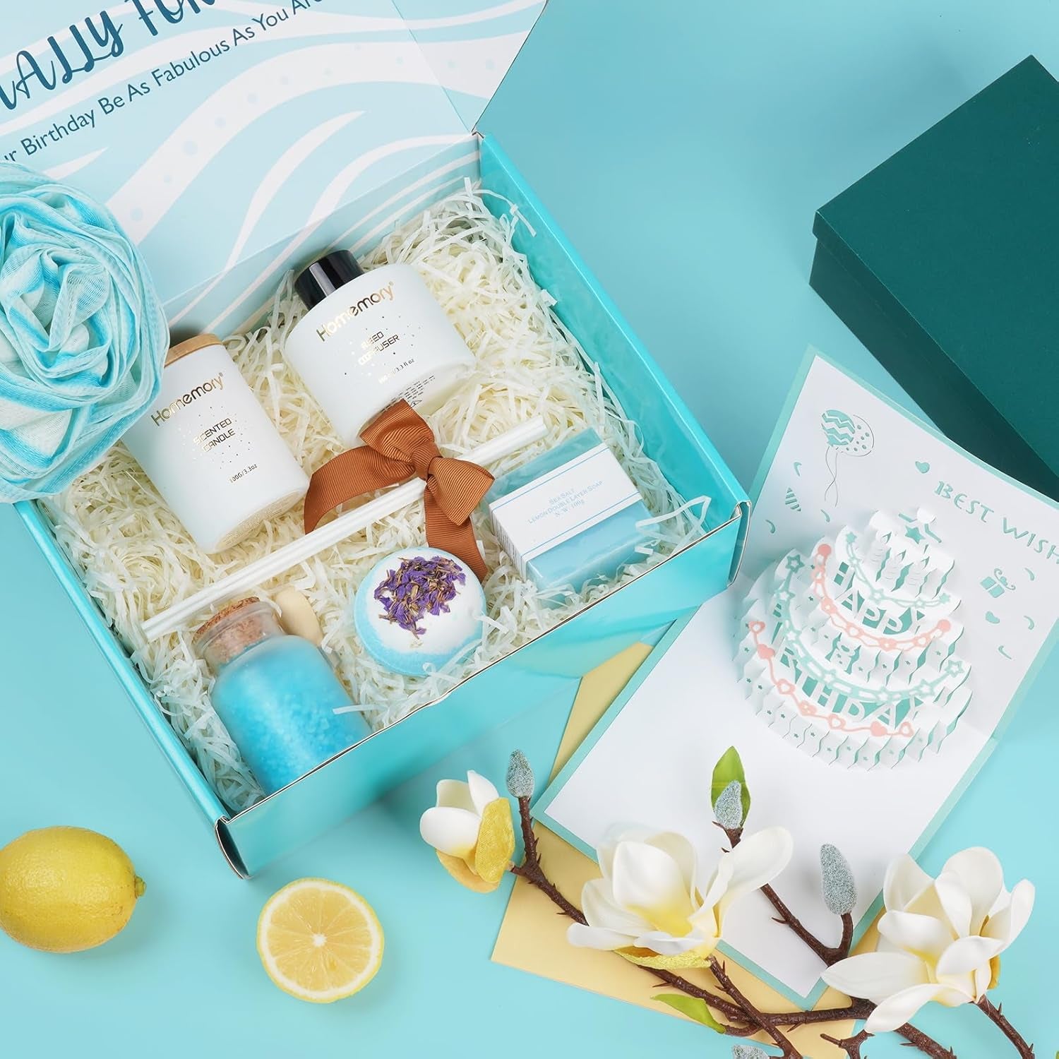 Gift Women Birthday Bath Sets Body Self Care, Best Spa Basket Christmas Scented Candle & Reed Diffuser Kit Mom Friends Sister with 3D Card (Blue)