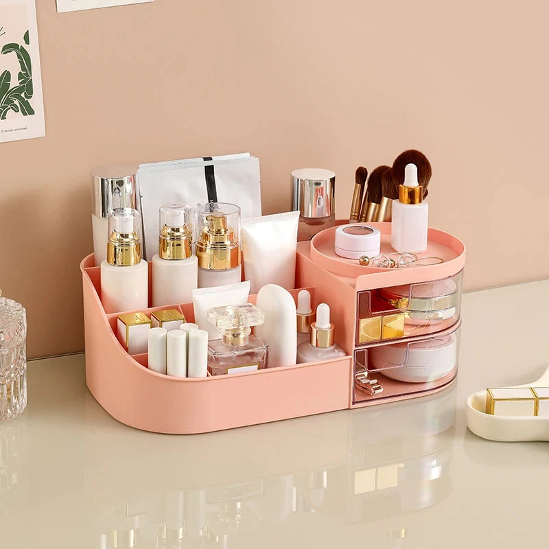 Makeup Storage Box with Mirror Desktop Dressing Table Makeup Mirror Cosmetics Jewelry Storage Box Touch Light Storage Organizer