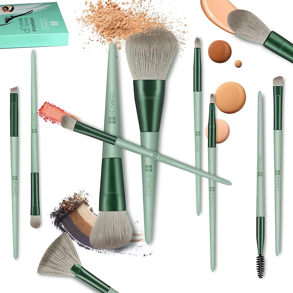 15-Piece Makeup Brush Set - Premium Synthetic Kabuki & Eye Brushes | Foundation, Blush & Lip Makeup Tools | Professional Green Conical Handle Set with Flannel Drawstring Bag