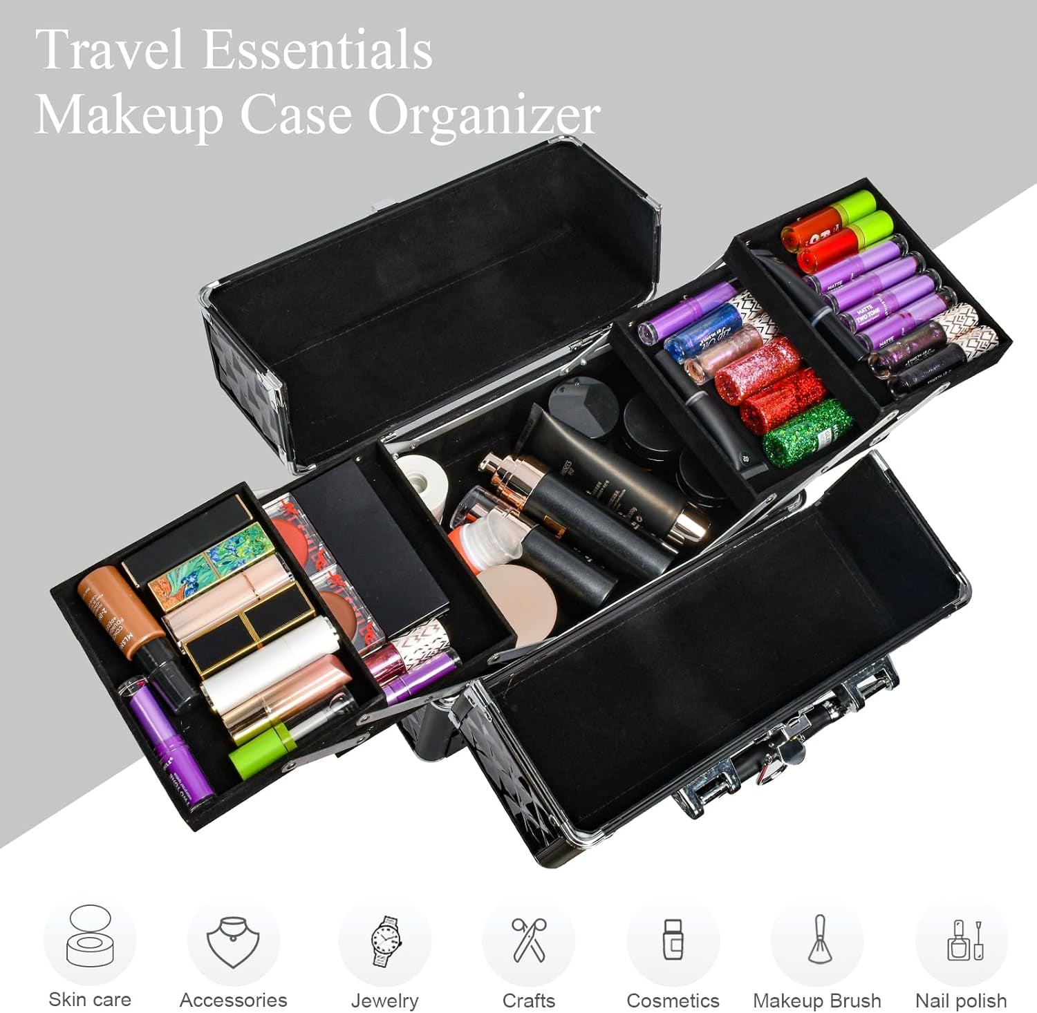 Large Makeup Train Cases with Bottom Drawer, Professional Makeup Case Organizer I Makeup Travel Case I Portable Make up Case I Makeup Case Organizer I Makeup Box Organizer I Black, HX-001