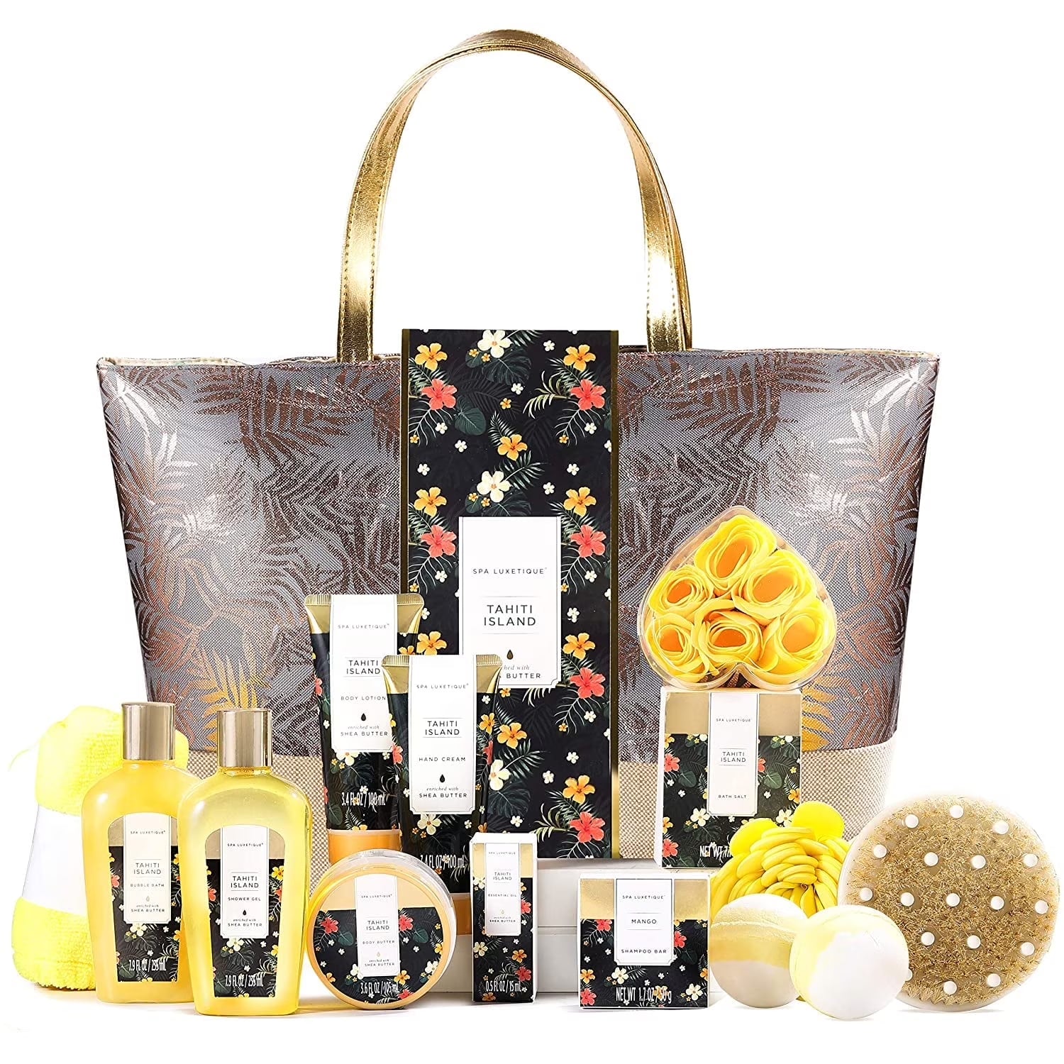 Bath Gift Sets for Women - 15 Pcs Tahiti Island Spa Baskets, Beauty Bath and Body Birthday Christmas Gifts for Her