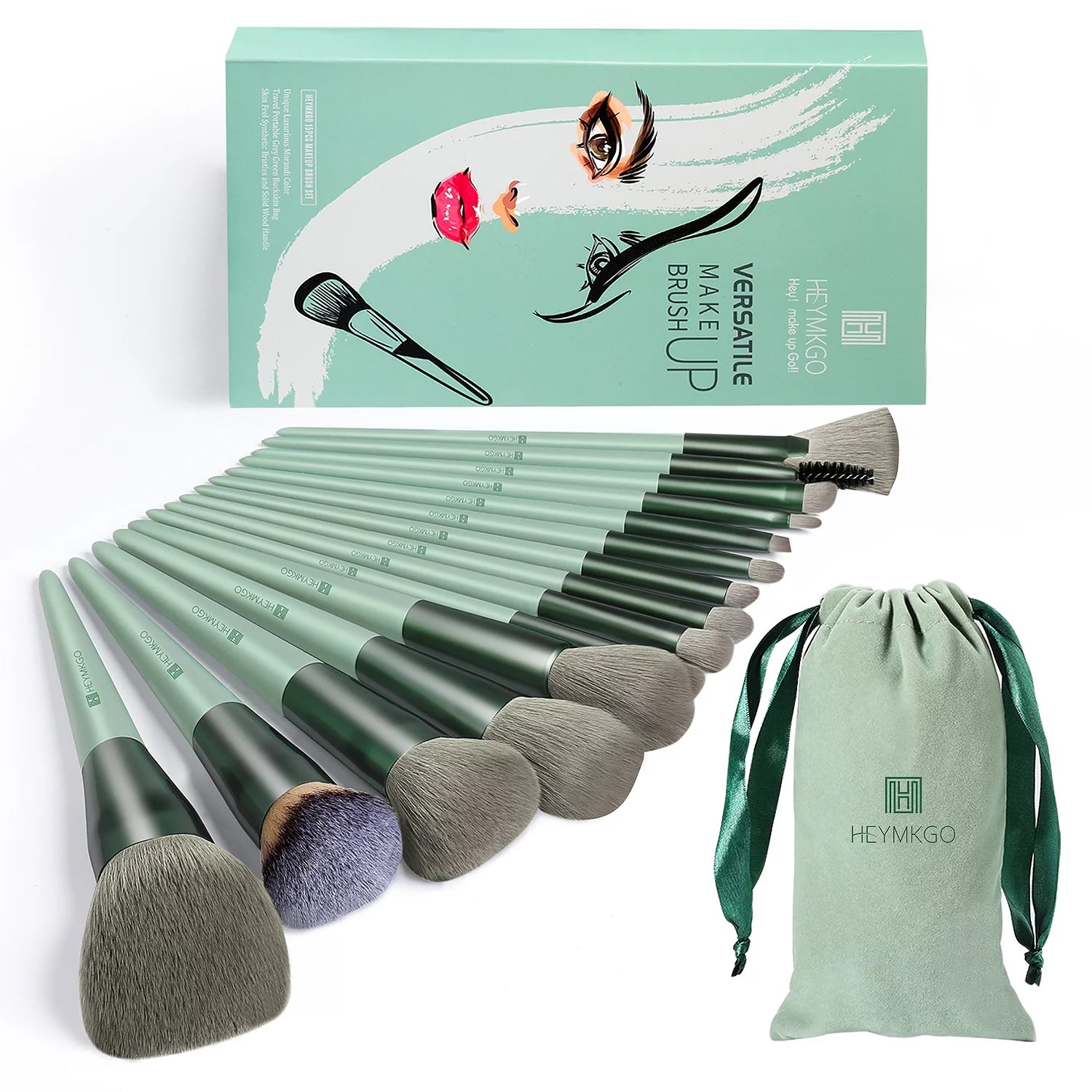 15-Piece Makeup Brush Set - Premium Synthetic Kabuki & Eye Brushes | Foundation, Blush & Lip Makeup Tools | Professional Green Conical Handle Set with Flannel Drawstring Bag
