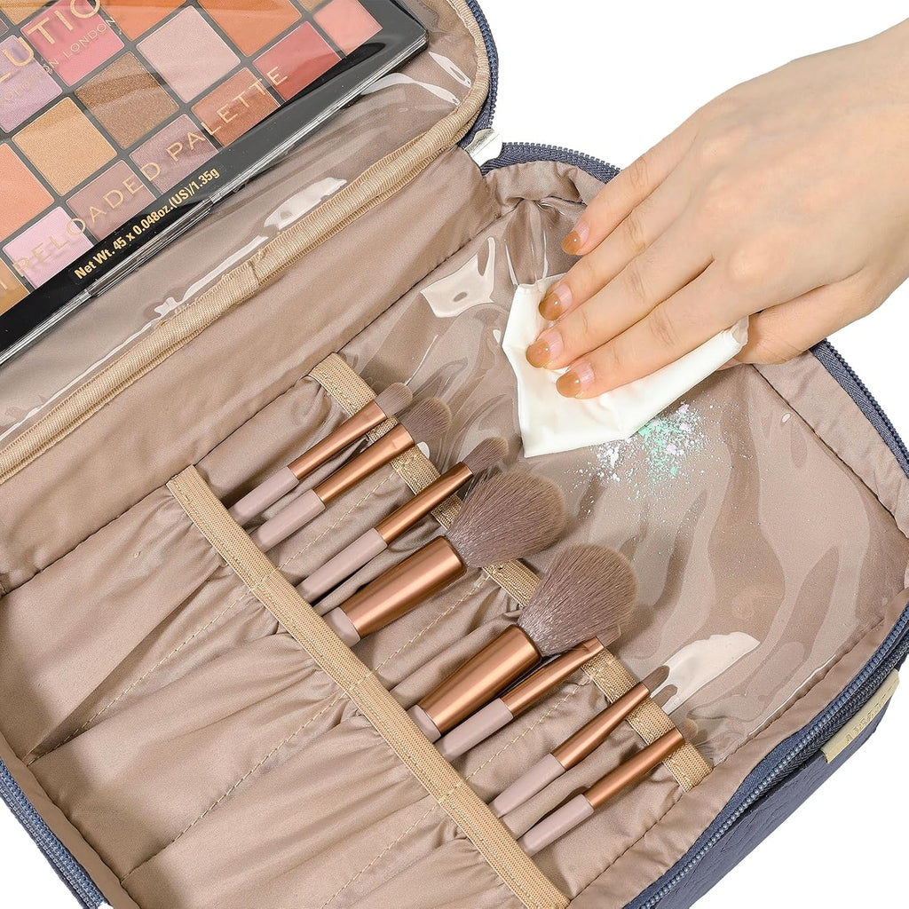 Large Double Layer Travel Makeup Bag Women, Cosmetic Case, Organizer for Travel-Size Accessories Bottles, Brushes, Conditioner, and Skin Care Products, Aegean-Blue
