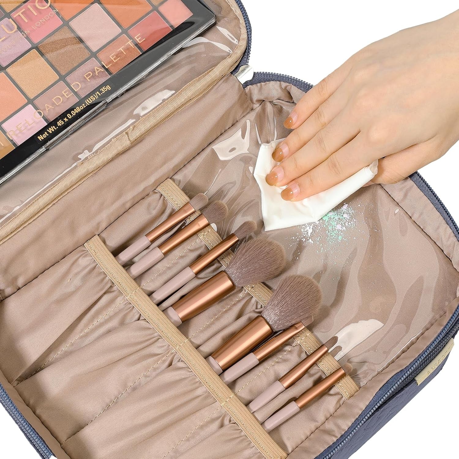 Large Double Layer Travel Makeup Bag Women, Cosmetic Case, Organizer for Travel-Size Accessories Bottles, Brushes, Conditioner, and Skin Care Products, Aegean-Blue