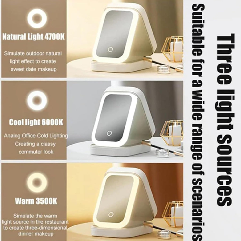 Integrated Makeup Storage Box with Light-Filling Mirror,Led Complementary Light Cosmetic Case,Makeup Storage Box with Led Light Mirror,Portable Cosmetics Case,Touch Control & Zipper Design (White)