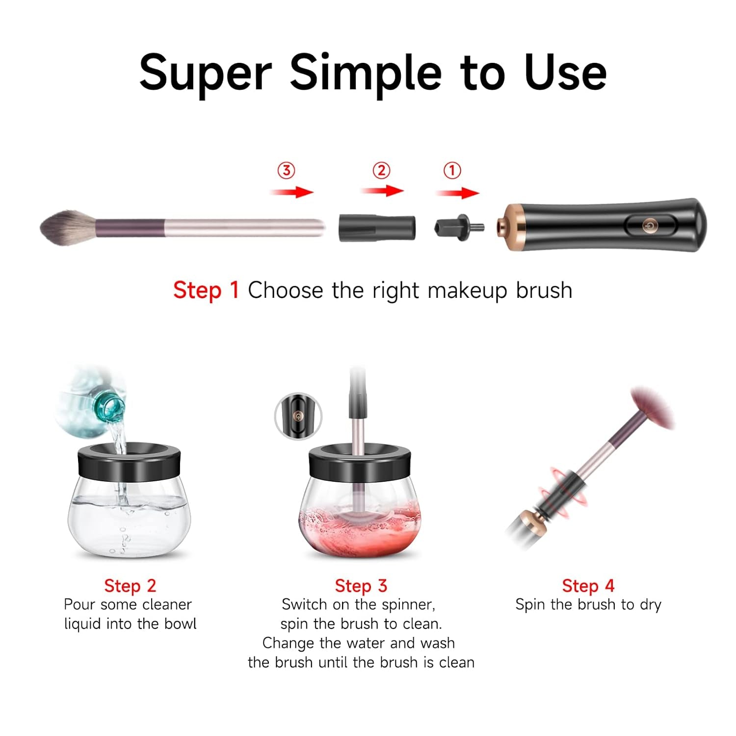 Electric Makeup Brush Cleaner and Dryer Machine, Super Fast Portable Brushes Cleaner, Wash and Dry in Seconds, Automatic Spinner Cleaner for Most Size Brushes(Black)