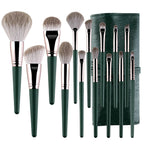 14PCS Green Professional Dense Makeup Brushes Tool Kit Air Brush Blending Powder Blush Concealer Eye Make up Brush Angled Stippling Liquid Highlighter Thin Brush with Travel Bag
