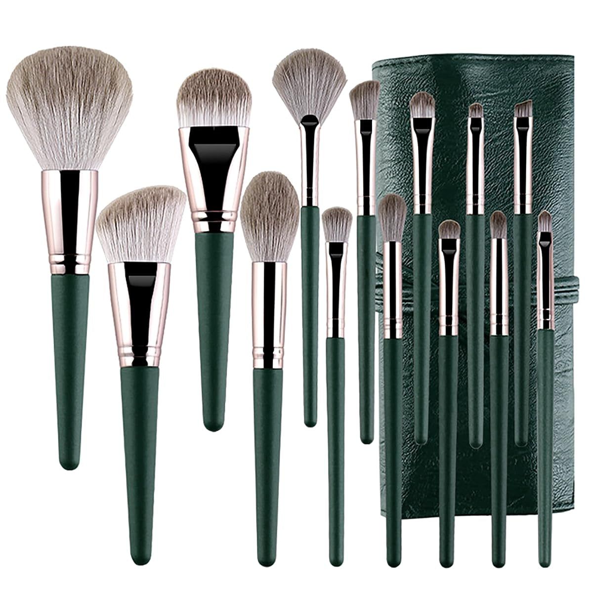 14PCS Green Professional Dense Makeup Brushes Tool Kit Air Brush Blending Powder Blush Concealer Eye Make up Brush Angled Stippling Liquid Highlighter Thin Brush with Travel Bag