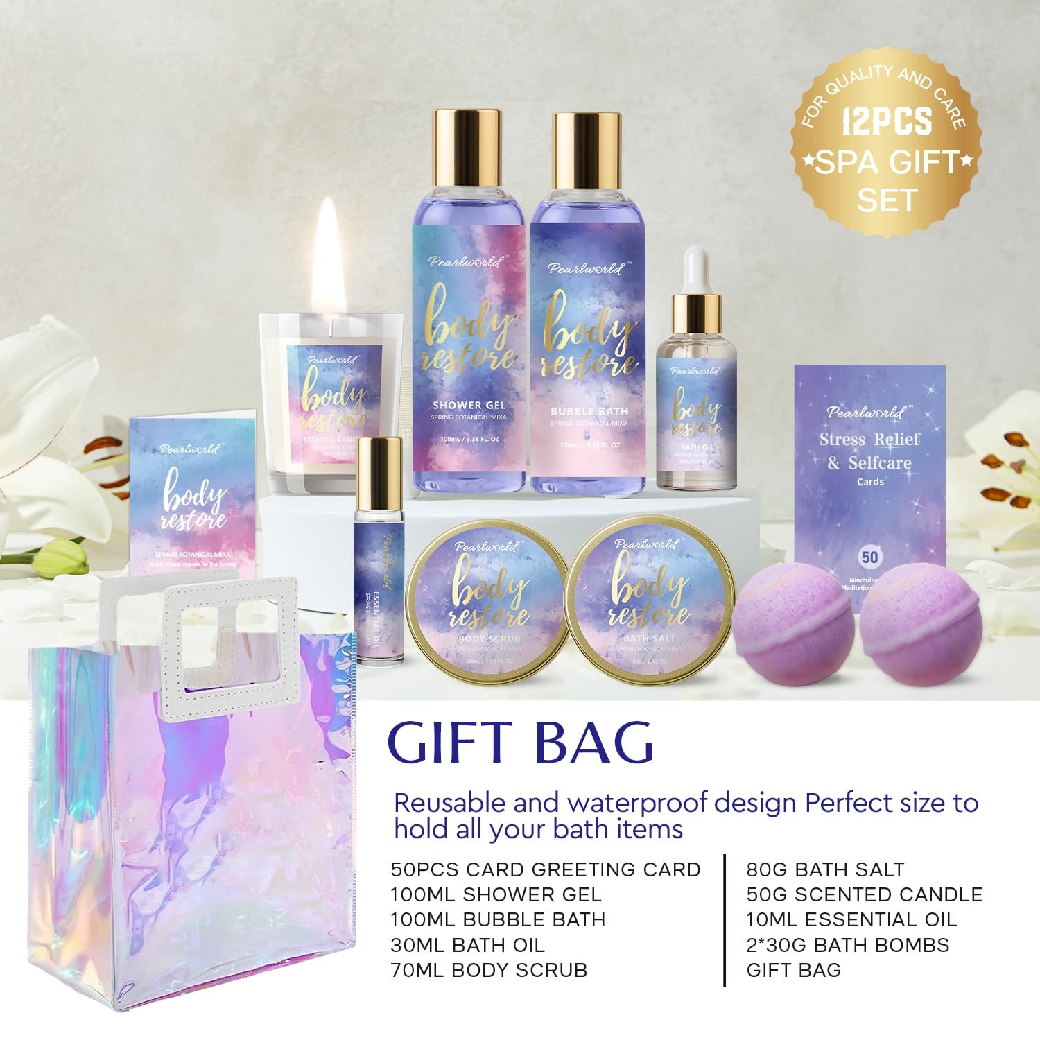 Spa Gift Set for Women, 12 Pcs Luxury Bath Skin Care Set, Spa Kit for Women Gift Set with Reusable Bag, Bath Bomb, Birthday Gifts for Teen Girls, Her, Mom