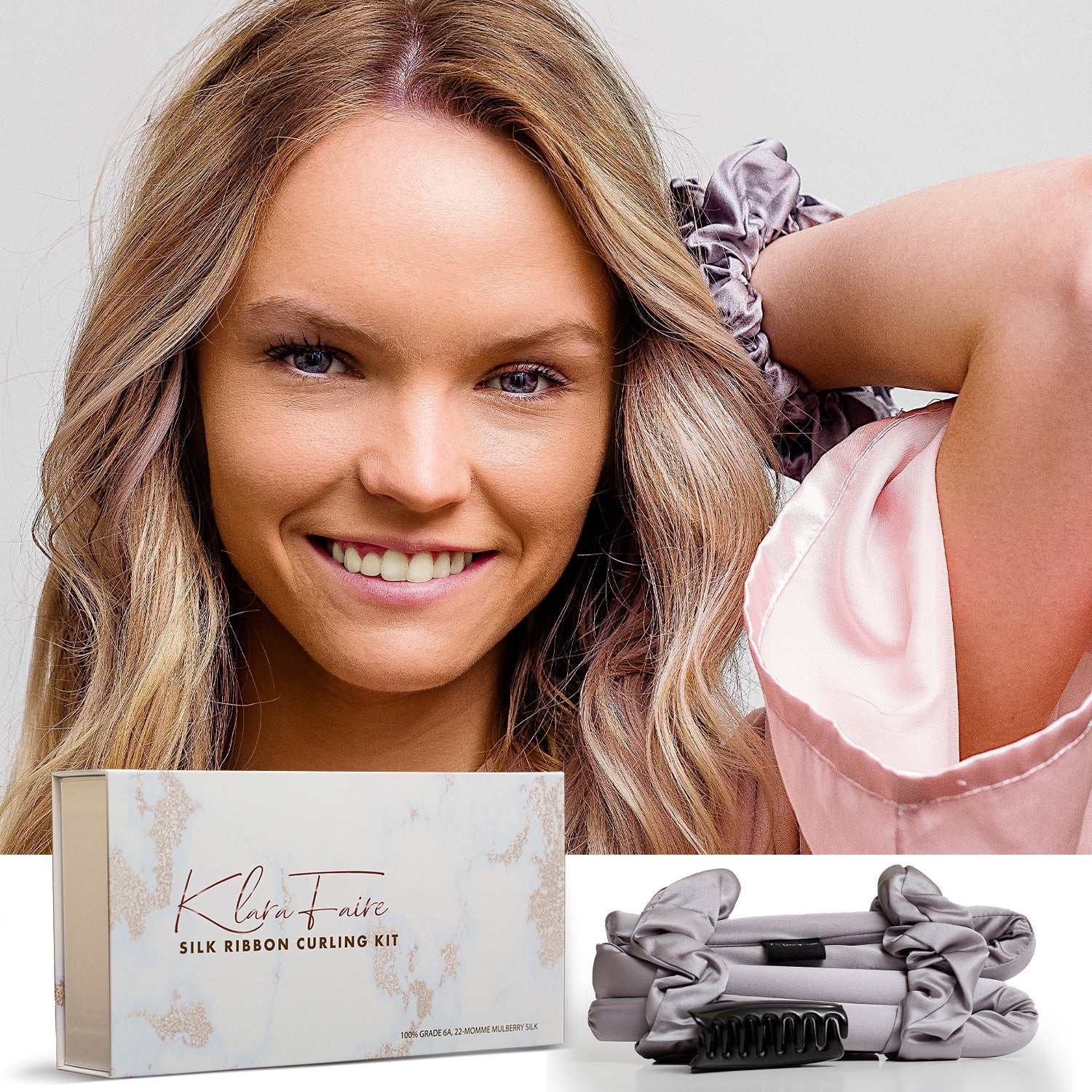 Klara Faire™- 100% Silk Ribbon Curler and Scrunchies Set - Black Silver