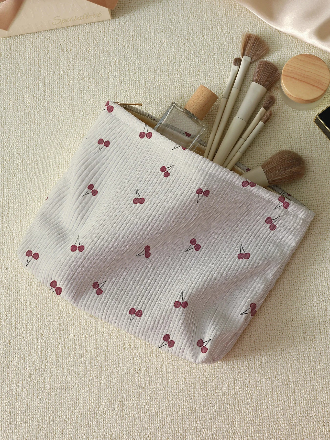 Cherry Printed Corduroy Makeup Bag, Lightweight Zipper Makeup Storage Box, Multifunctional Bag with Lining