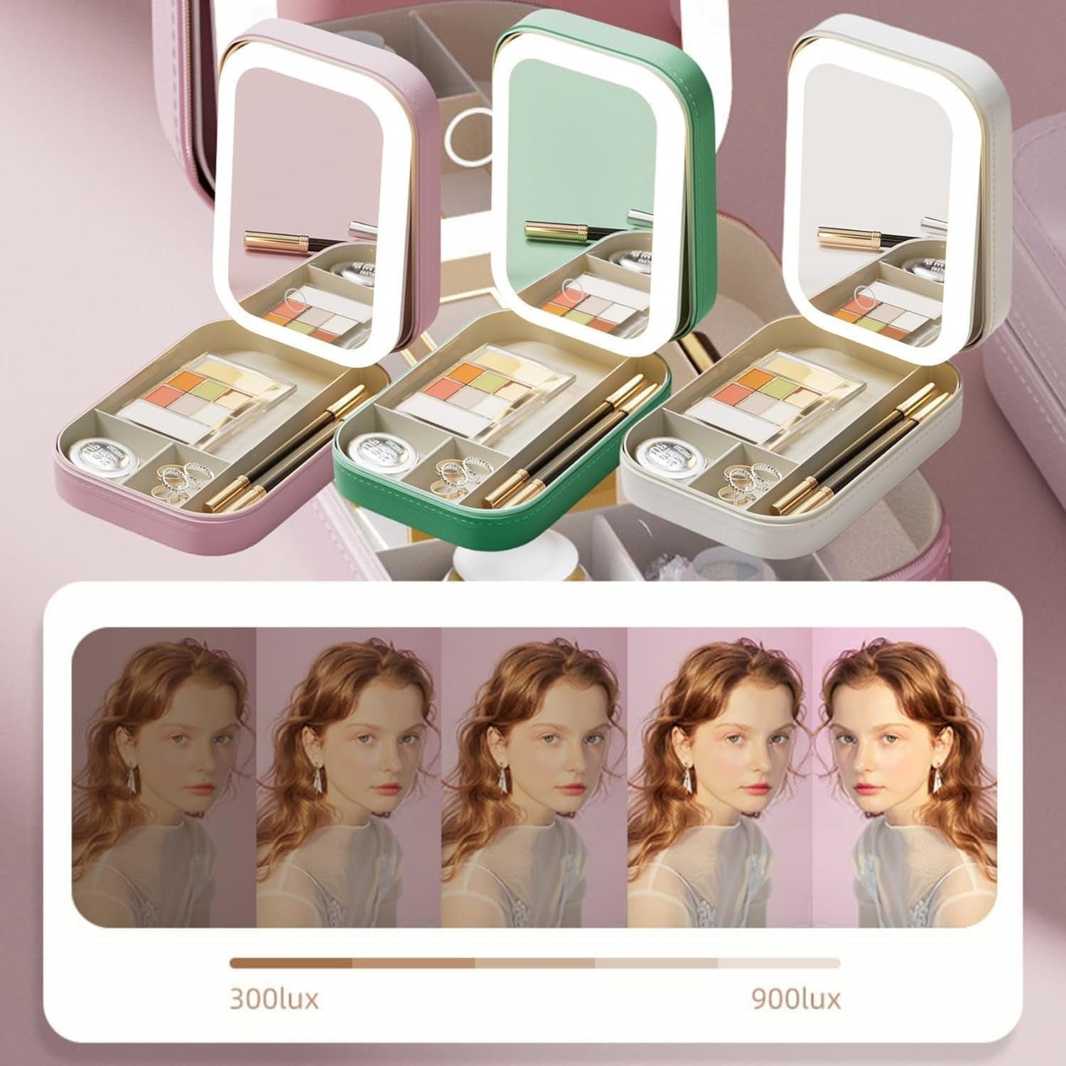 Integrated Makeup Storage Box with Light-Filling Mirror,Led Complementary Light Cosmetic Case,Makeup Storage Box with Led Light Mirror,Portable Cosmetics Case,Touch Control & Zipper Design (White)