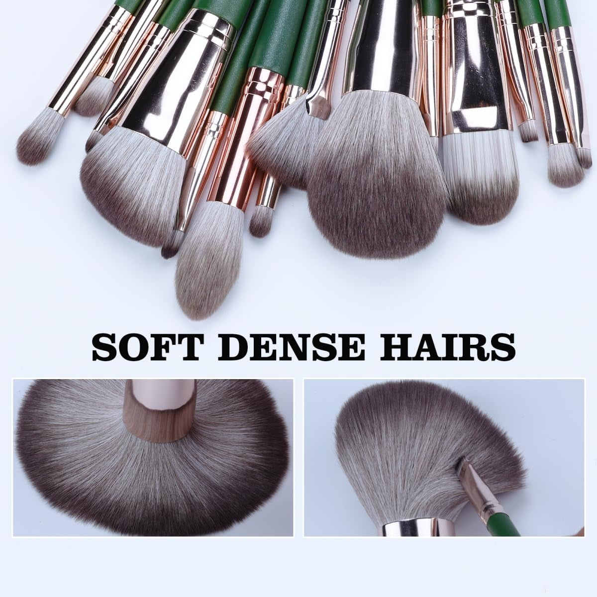 14PCS Green Professional Dense Makeup Brushes Tool Kit Air Brush Blending Powder Blush Concealer Eye Make up Brush Angled Stippling Liquid Highlighter Thin Brush with Travel Bag