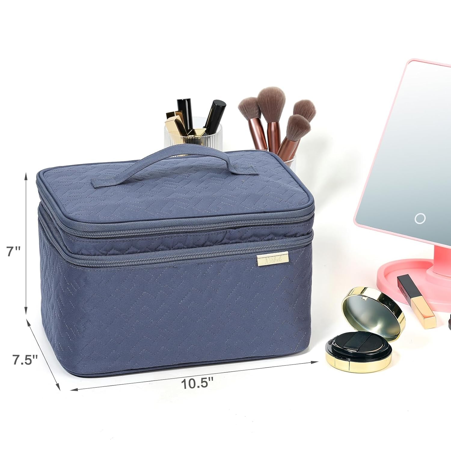 Large Double Layer Travel Makeup Bag Women, Cosmetic Case, Organizer for Travel-Size Accessories Bottles, Brushes, Conditioner, and Skin Care Products, Aegean-Blue