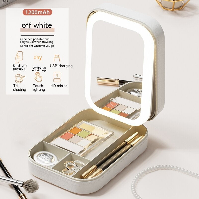 Makeup Storage Box with LED Light Mirror Portable Travel Makeup Cosmetics Storage Box Touch Light Storage Organizer