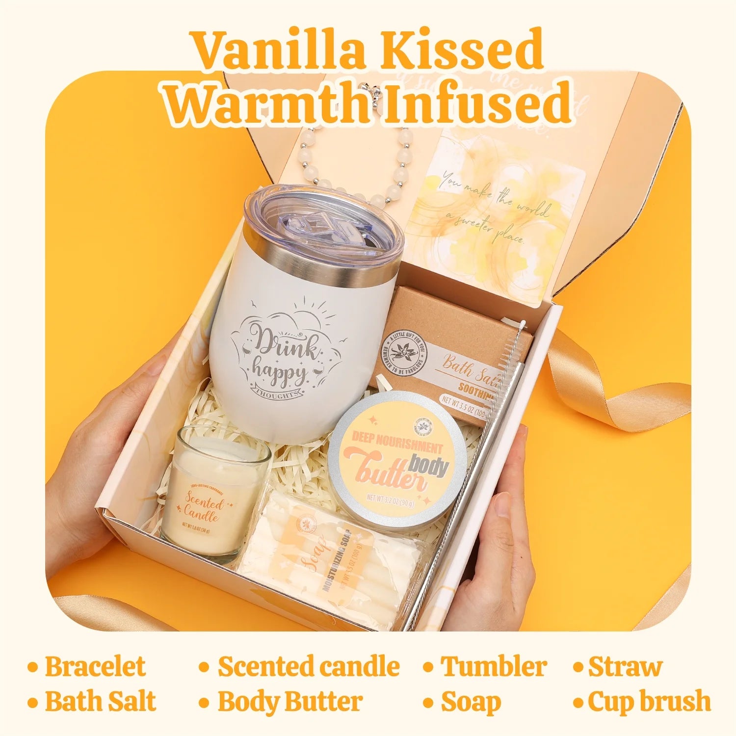 Spa Gift Sets for Women - 9 Pcs Vanilla Bath Set with Tumbler, Perfect Birthday Gifts for Her, Mother, BFF, Sister