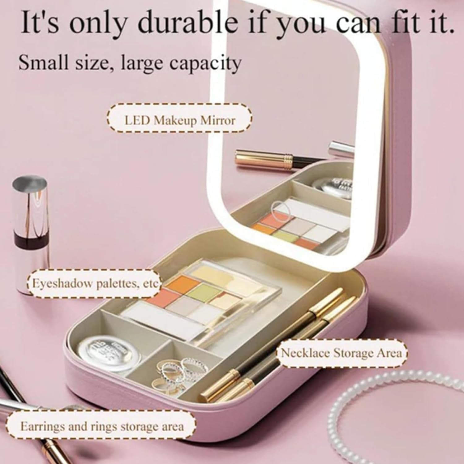 Integrated Makeup Storage Box with Light-Filling Mirror,Led Complementary Light Cosmetic Case,Makeup Storage Box with Led Light Mirror,Portable Cosmetics Case,Touch Control & Zipper Design (White)