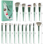 15-Piece Makeup Brush Set - Premium Synthetic Kabuki & Eye Brushes | Foundation, Blush & Lip Makeup Tools | Professional Green Conical Handle Set with Flannel Drawstring Bag