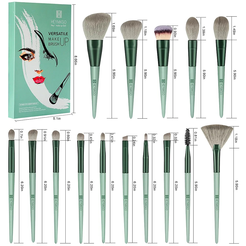 15-Piece Makeup Brush Set - Premium Synthetic Kabuki & Eye Brushes | Foundation, Blush & Lip Makeup Tools | Professional Green Conical Handle Set with Flannel Drawstring Bag
