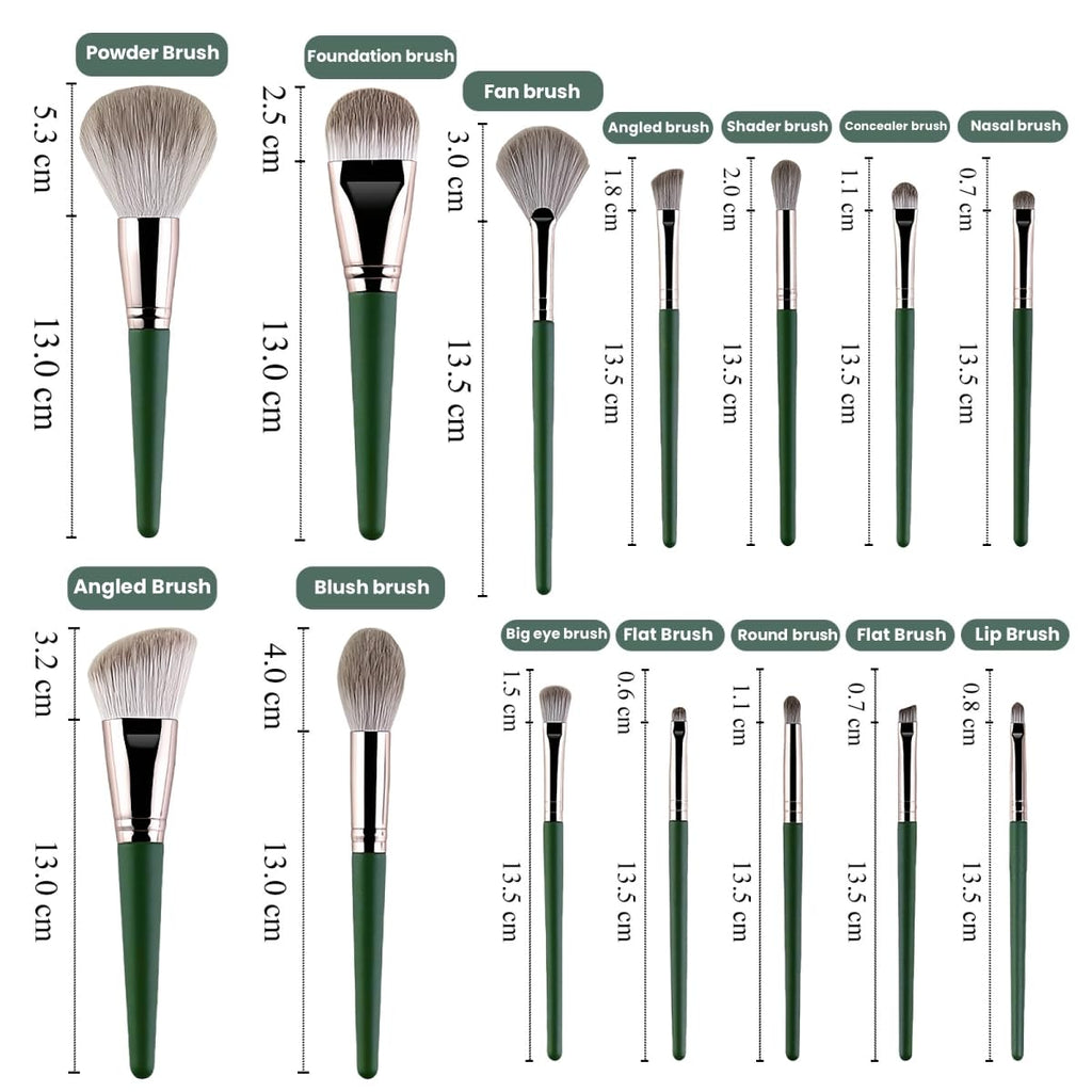 14PCS Green Professional Dense Makeup Brushes Tool Kit Air Brush Blending Powder Blush Concealer Eye Make up Brush Angled Stippling Liquid Highlighter Thin Brush with Travel Bag
