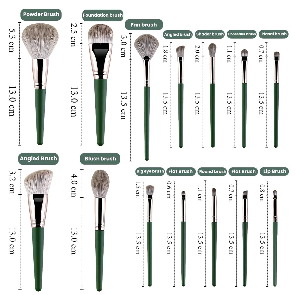 14PCS Green Professional Dense Makeup Brushes Tool Kit Air Brush Blending Powder Blush Concealer Eye Make up Brush Angled Stippling Liquid Highlighter Thin Brush with Travel Bag