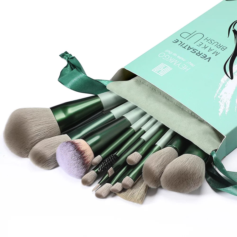 15-Piece Makeup Brush Set - Premium Synthetic Kabuki & Eye Brushes | Foundation, Blush & Lip Makeup Tools | Professional Green Conical Handle Set with Flannel Drawstring Bag
