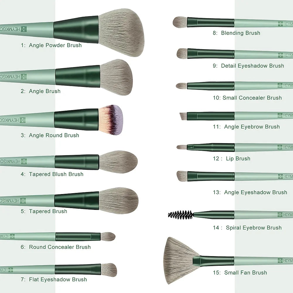 15-Piece Makeup Brush Set - Premium Synthetic Kabuki & Eye Brushes | Foundation, Blush & Lip Makeup Tools | Professional Green Conical Handle Set with Flannel Drawstring Bag