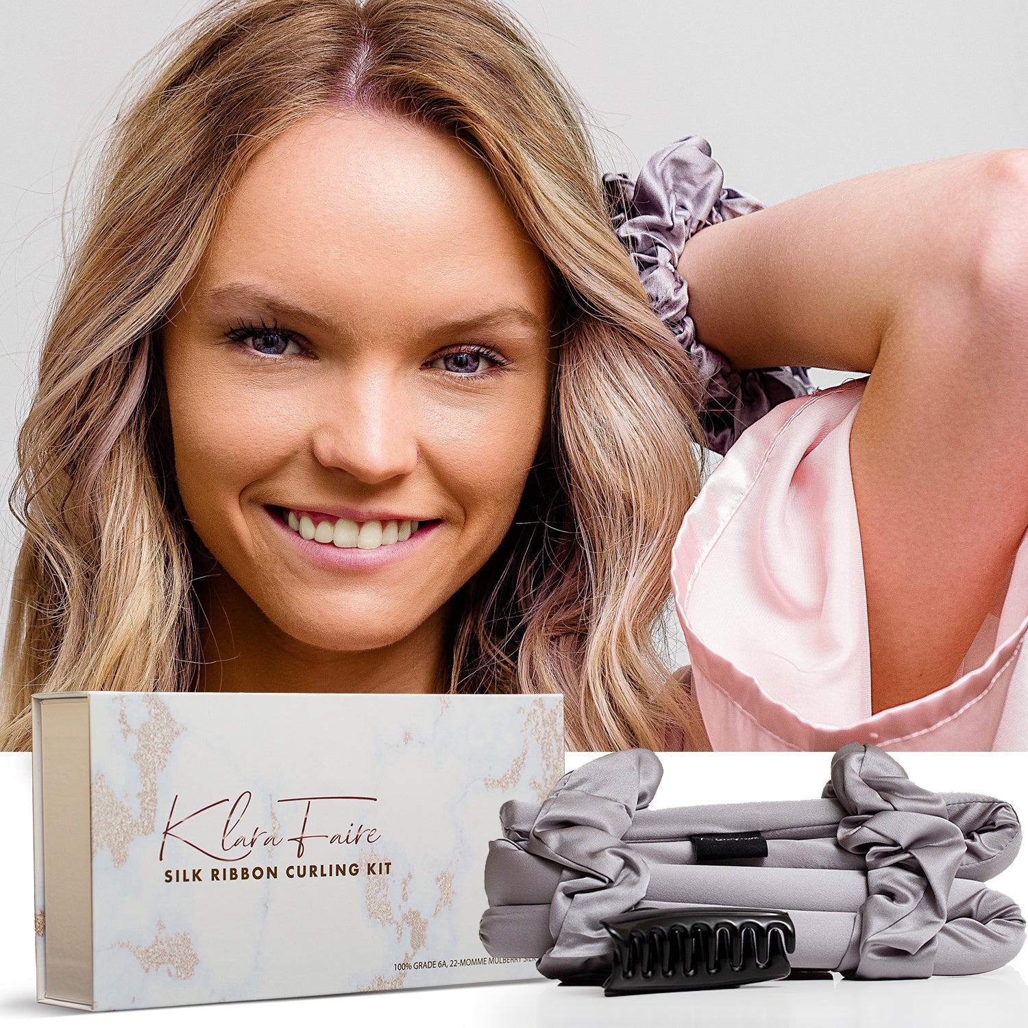 Klara Faire™- 100% Silk Ribbon Curler and Scrunchies Set - Black Silver