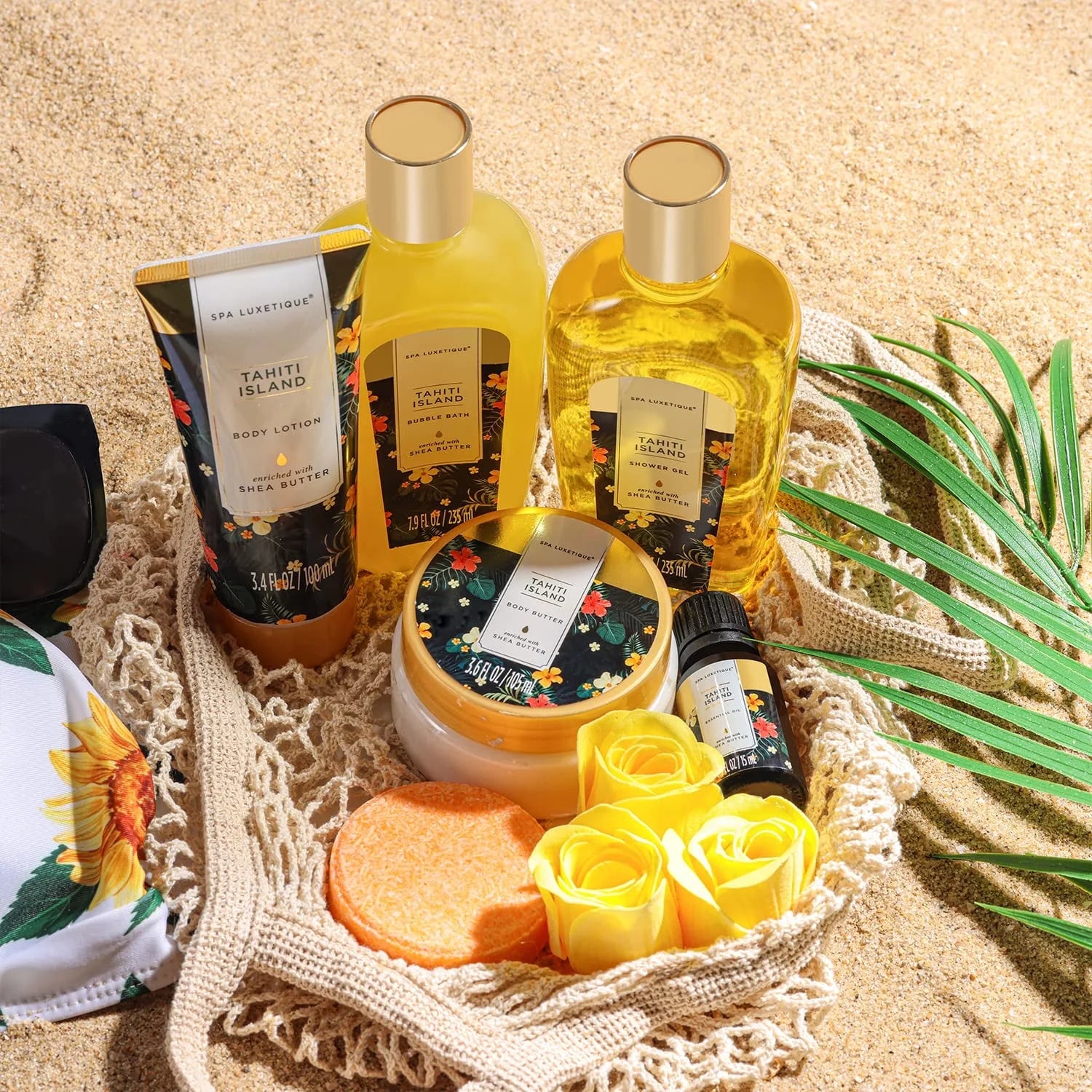 Bath Gift Sets for Women - 15 Pcs Tahiti Island Spa Baskets, Beauty Bath and Body Birthday Christmas Gifts for Her