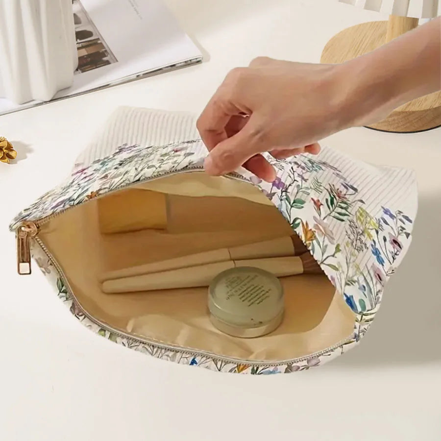 Floral Printed Corduroy Makeup Bag, Lightweight Zipper Makeup Storage Box, Multifunctional Bag with Lining