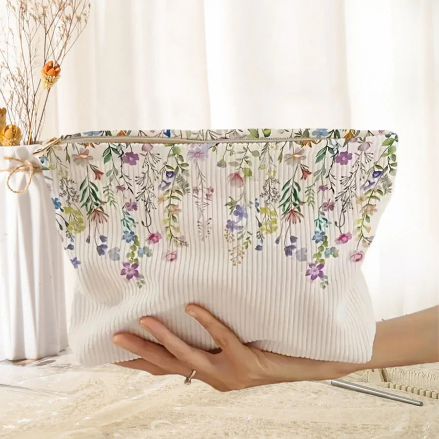 Floral Printed Corduroy Makeup Bag, Lightweight Zipper Makeup Storage Box, Multifunctional Bag with Lining